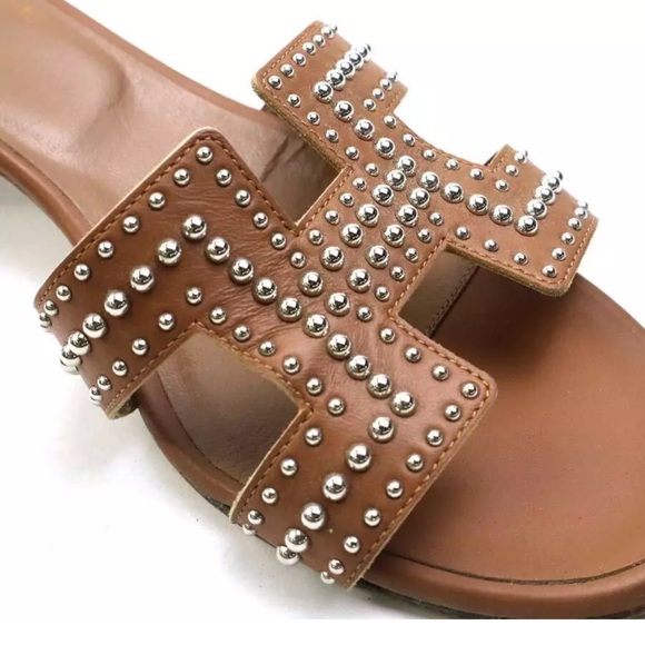 Authentic HERMES Sandals Brown Leather/Silvertone size 7 - Picture 5 of 9